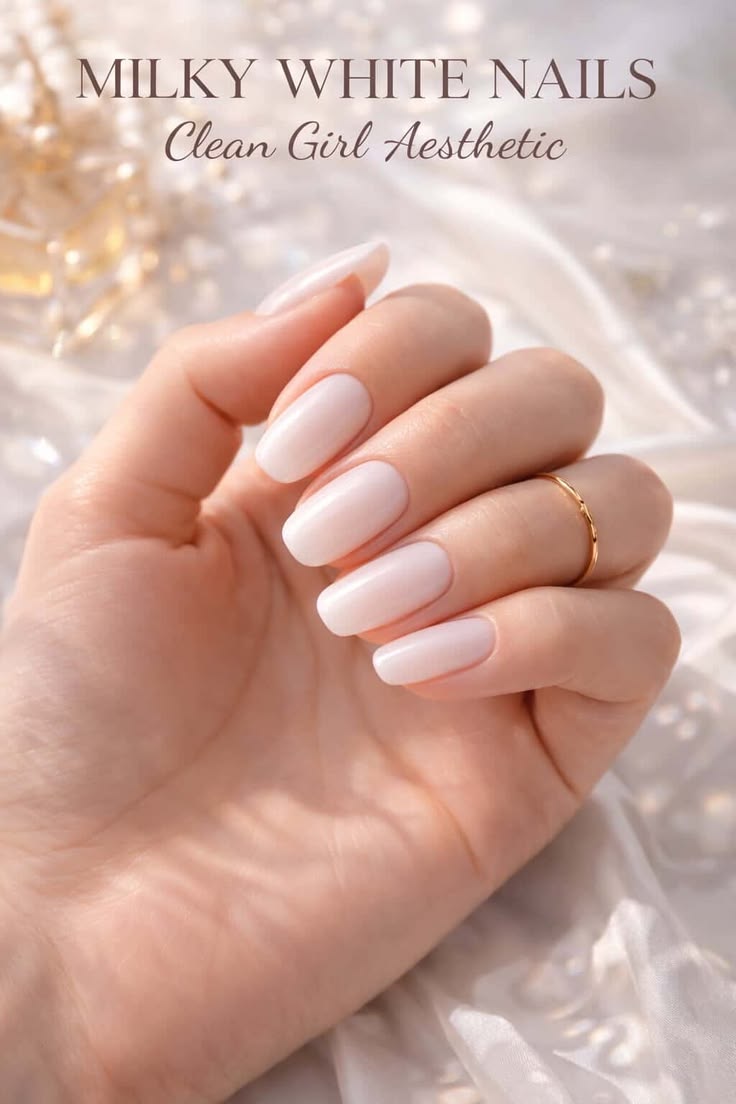 Milky White Clean Girl Nails